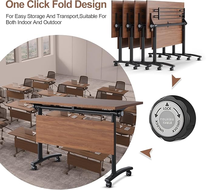 Conference Table, Foldable Conference Room Tables with Silent Wheels, Folding Modular Seminar Meeting Tables, Modern Rectangle Training Table for Office, Boardroom (4, Walnut, 47.2)