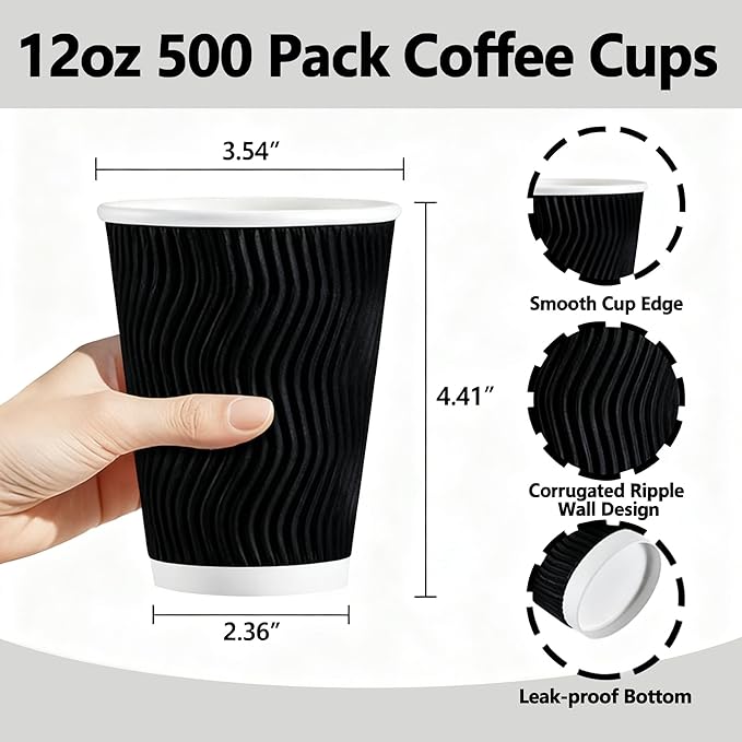 500 Pack 12oz Disposable Coffee Cups,Insulated Ripple Wall Paper Coffee Cups Bulk 12ounce,Hot & Cold Beverage Cup for Party,Home,Office,Cafe,Travel(Black)