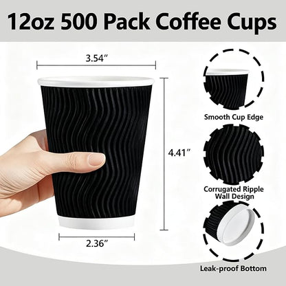 500 Pack 12oz Disposable Coffee Cups,Insulated Ripple Wall Paper Coffee Cups Bulk 12ounce,Hot & Cold Beverage Cup for Party,Home,Office,Cafe,Travel(Black)