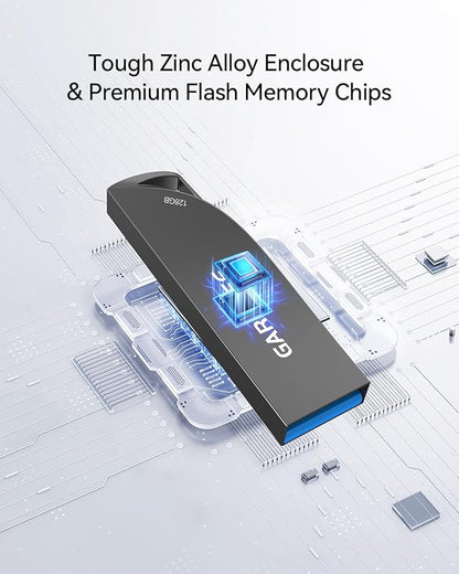 128GB USB 3.0 Flash Drive, Waterproof Metal USB Memory Stick, Slim Thumb Drive Portable Pen Drive with Keychain Hole Stylish Jump Drive for PC Computer Car - Gray