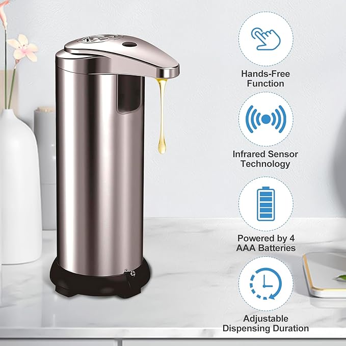 Automatic Soap Dispenser, Touchless Dish Soap Dispenser, 3 Adjustable Soap Levels, 9.47oz/280ml with Infrared Sensor, Hands-Free Liquid Dispenser for Bathroom Kitchen Office