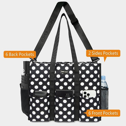 TOPDesign Utility Water Resistant Tote Bag with 22 Pockets, Top Zipper Closure & Thick Bottom Support, for Working Women