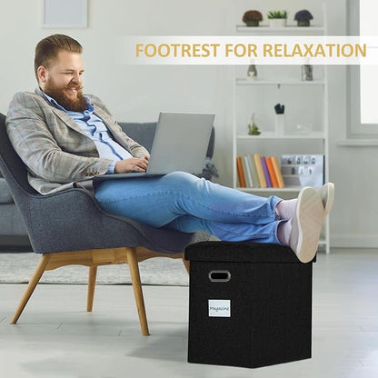 Tall Ottoman with Storage Collapsible Fabric Small Slim Folding Ottoman Furniture with Handles Lid for Room Footrest Foot Stool Linen Black 16.5x16.5x11.8in