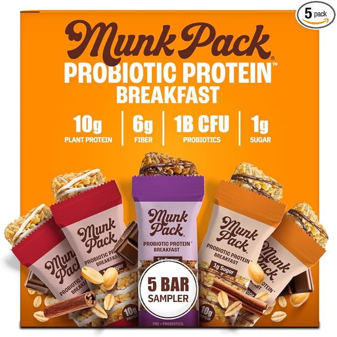 Munk Pack Sampler Pack Probiotic Protein Snack Bars Stocking Stuffers | 10g Plant Protein, 1g Sugar, 6g Fiber |Diabetic-Friendly Ideal Breakfast Bars - On-the-Go Snacks, Gluten-Free, Non-GMO | 5 Count