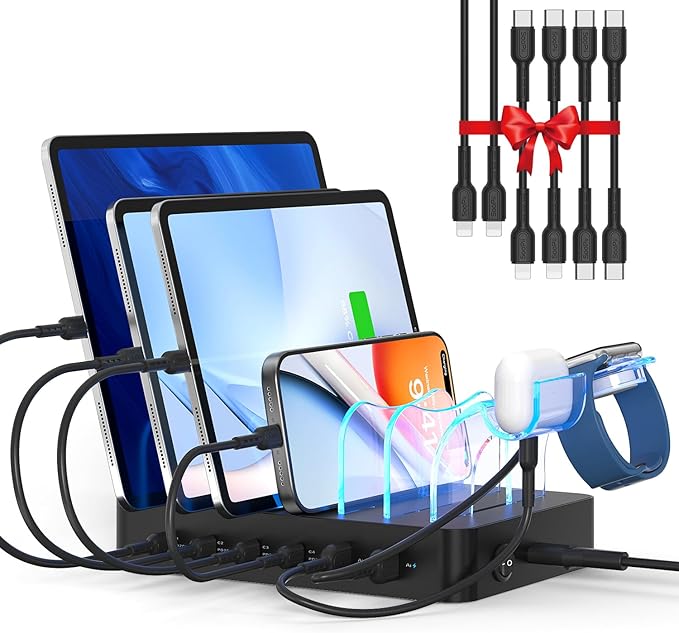 SooPii 90W Charging Station for Multiple Devices, 6 Port Multi USB C Charger Station with 6 Mixed Short Cables,PD 20W Charging Dock for lPhone,Galaxy,iPad,Tablet and More Electronic Devices,Black