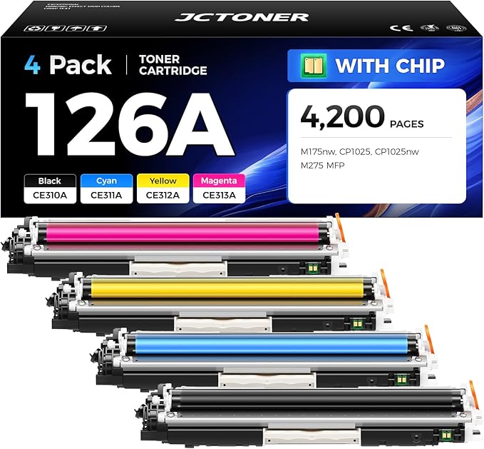126A Toner Cartridge Set 4-Pack High Yield Replacement for HP 126A CE310A CE311A CE312A CE313A Compatible with HP LaserJet Pro 100 color MFP M175nw CP1025 CP1025nw TopShot M275 Printer Ink Black Copy