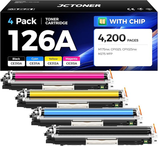 126A Toner Cartridge Set 4-Pack High Yield Replacement for HP 126A CE310A CE311A CE312A CE313A Compatible with HP LaserJet Pro 100 color MFP M175nw CP1025 CP1025nw TopShot M275 Printer Ink Black Copy