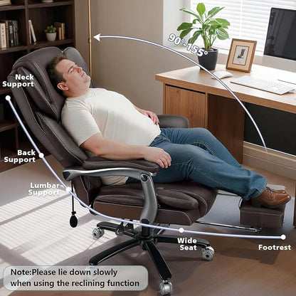 600lbs Big and Tall Office Chair for Heavy People,Heavy Duty Comfy Executive Office Desk Chair with Adjustable Lumbar Support,High Back Reclining PU Leather Computer Chair,Metal Base (Classic, Brown)