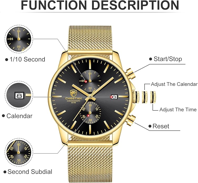 GOLDEN HOUR Mens Watch Fashion Sleek Minimalist Quartz Analog Mesh Stainless Steel Waterproof Chronograph Watches for Men with Auto Date