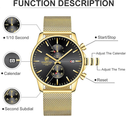 GOLDEN HOUR Mens Watch Fashion Sleek Minimalist Quartz Analog Mesh Stainless Steel Waterproof Chronograph Watches for Men with Auto Date