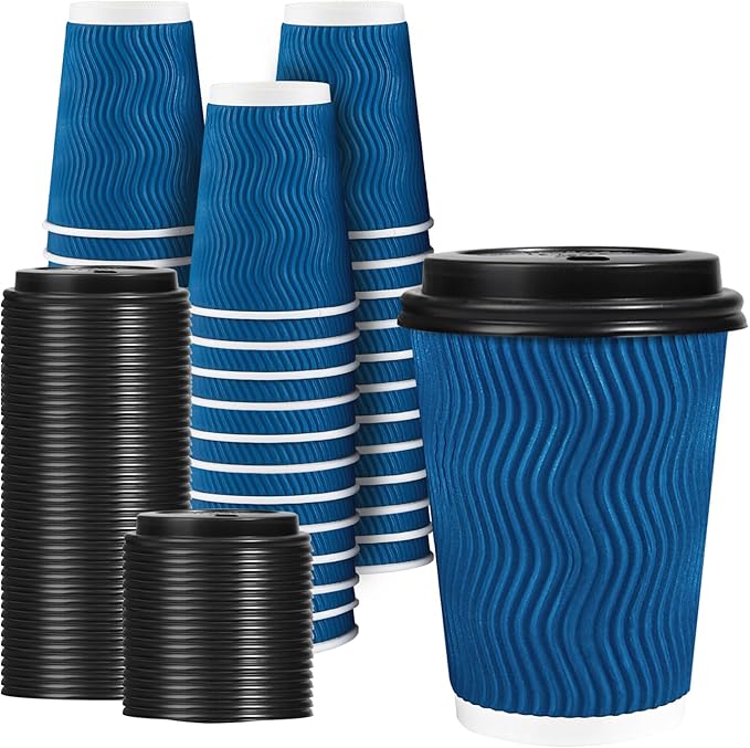 Lamosi 12 OZ Disposable Coffee Cups with Lids 50 Pack, Hot Paper Insulated Corrugated Ripple Wall Cup for To Go Drinks and Beverages