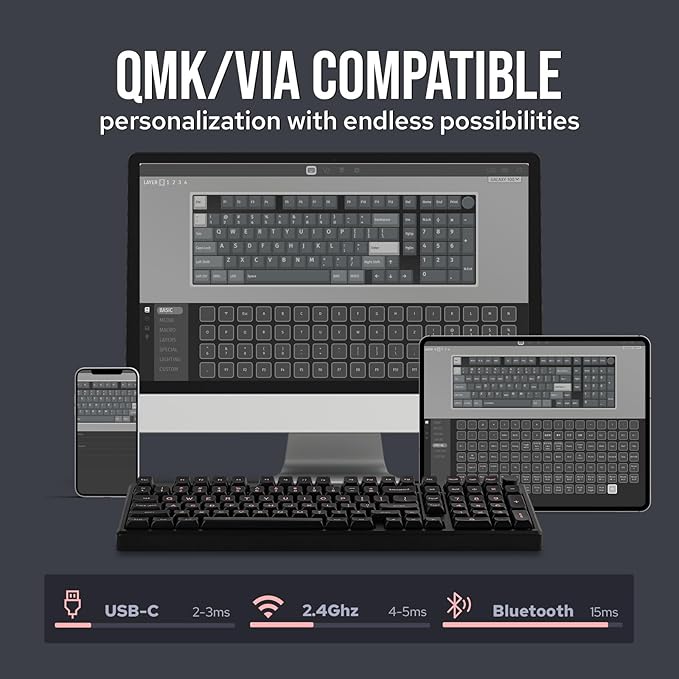 EPOMAKER Galaxy100 QMK/VIA Wireless Gaming Keyboard, Aluminum Shell, Bluetooth/2.4Ghz/USB-C, Pre-Lubed Hot-Swappable Linear Switches, NKRO, RGB Backlit (Black, Wisteria Linear Switch)