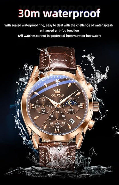 OLEVS Men's Leather Analog Quartz Watch - Luxury Chronograph Wristwatch With Date, Waterproof, Luminous - Dress Style