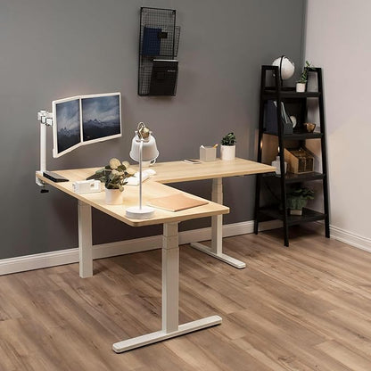 VIVO Electric Height Adjustable 67 x 60 inch Corner Stand Up Desk, 2 Light Wood Solid Table Tops, White Frame, Memory Controller, L-Shaped Workstation, 3E Series, DESK-KIT-3E6C