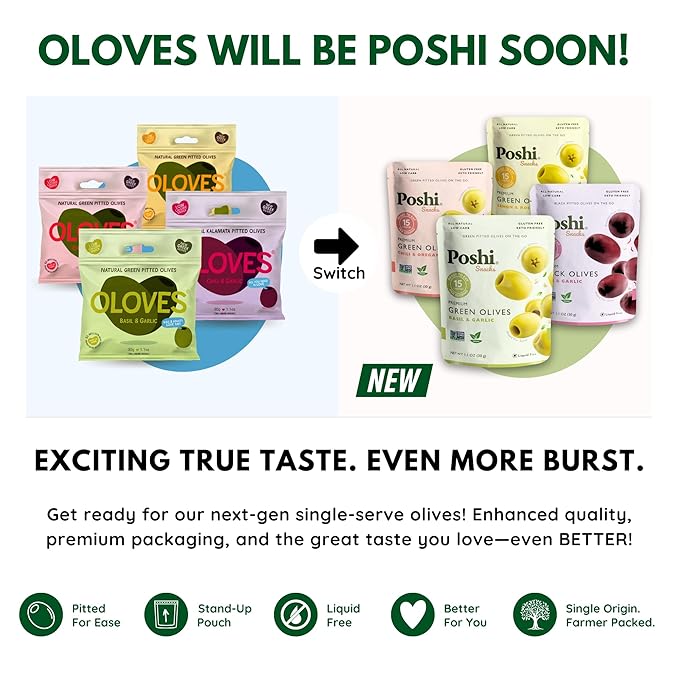 Poshi Natural Whole Pitted Olives | 24 Pack Variety | Basil & Garlic, Chili & Oregano, Chili + Garlic, Lemon & Rosemary | Vegan, Kosher, Gluten Free + Keto Friendly Healthy Snacks, 1.1 Oz (Pack of 24)