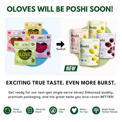 Poshi Natural Whole Pitted Olives | 24 Pack Variety | Basil & Garlic, Chili & Oregano, Chili + Garlic, Lemon & Rosemary | Vegan, Kosher, Gluten Free + Keto Friendly Healthy Snacks, 1.1 Oz (Pack of 24)