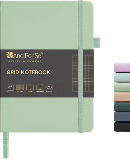 160 Pages, A5 5.7 x 8 inches 100 gsm Thick Paper Notebook Journals for Writing, Grid Hardcover Notebook(1 Pack, Light Green)