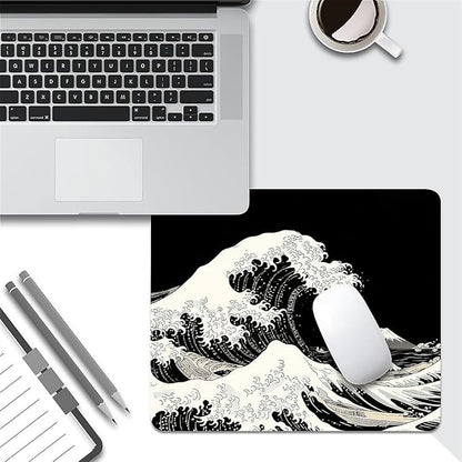 Square Mouse Pad Black Japanese Wave, Personalized Premium-Textured Custom Mouse Mat Design, Washable Mousepad Cloth, Non-Slip Rubber Base Computer Mouse Pads for Wireless Mouse