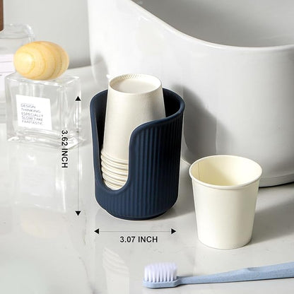 Ceramic Bathroom Cup Dispenser with Stylish Vertical Stripes - Disposable Mouthwash Cup Holder Holds 3-4oz Paper Cups for Rinsing Cups on Bathroom Vanity Countertops (Matte Blue)