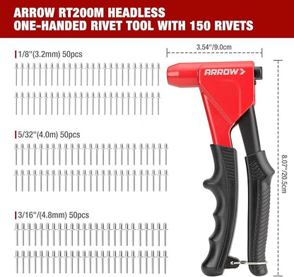 Arrow 3-in-1 Rivet Gun, One-Handed Headless Pop Rivet Gun Kit with 150Pcs Rivets, Professional Manual Heavy Duty Rivet Gun Kit Without Head Change, for Metal, Wood and Plastic