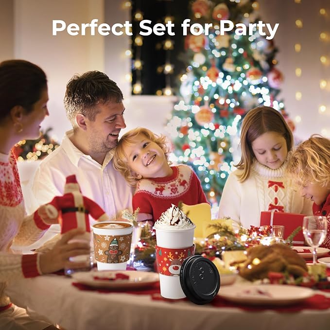 Fit Meal Prep 500 Pack 12 oz Christmas Disposable Coffee Cups with Lids, Sleeves, Leak-Proof To Go Coffee Cups with Lids, Durable Holiday Paper Cups for Hot Beverage, Home, Office, Party