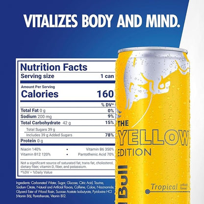 Red Bull Yellow Edition Energy Drink, Tropical, with 114mg Caffeine plus Taurine & B Vitamins, 12 Fl Oz, 6 Packs of 4 Cans (Pack of 24)