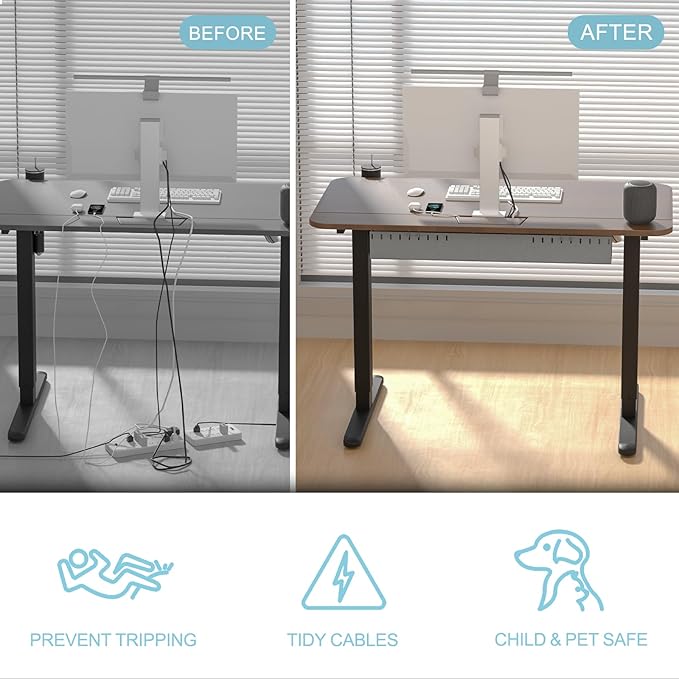 Standing Desk with Cable Management Tray, 48"x24" Electric Height Adjustable Sit Stand Desk, Memory Presets, Anti-Collision, Workstation for Home Office, Walnut Top Black Frame