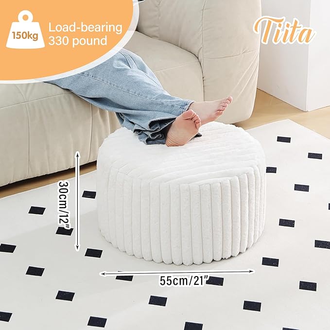 Tiita Round Stuffed Pouf Ottoman, Stripe Faux Fur Poufs with Foam Chunk Filling, Furry and Fluffy Pouf 21×21×12 inch Foot Stool Storage Ottoman,Puff Office Foot Rest for Couch Living Room, Beige