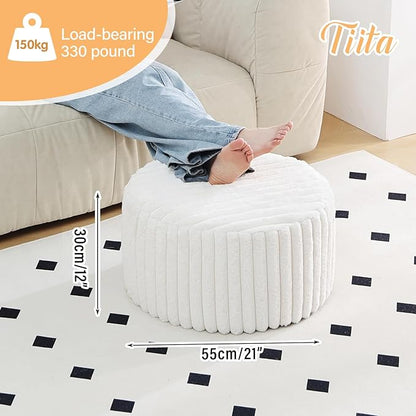 Tiita Round Stuffed Pouf Ottoman, Stripe Faux Fur Poufs with Foam Chunk Filling, Furry and Fluffy Pouf 21×21×12 inch Foot Stool Storage Ottoman,Puff Office Foot Rest for Couch Living Room, Beige