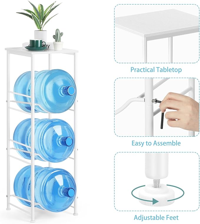 5 Gallon Water Bottle Jug Holder 3-Tier Water Bottle Holder Organizer with Top Shelf, Heavy Duty Water Dispenser Stand Rack for Kitchen Living Room Office, White