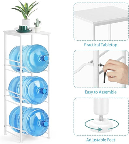 5 Gallon Water Bottle Jug Holder 3-Tier Water Bottle Holder Organizer with Top Shelf, Heavy Duty Water Dispenser Stand Rack for Kitchen Living Room Office, White