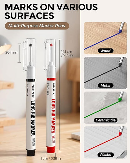 Nicpro 8 PCS Long Nib Marker Pens, 20mm Deep Hole Marker, Quick Dry & Waterproof Construction Markers, Long Head Markers for Metal, Steel, Tile, Glass, Carpenter Marking Pen for Woodworking (4 Colors)