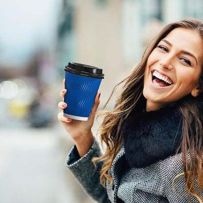100 Pack Coffee Cups with Lids 16 oz, Disposable Insulated Ripple Wall To Go Paper Coffee Cups for Hot/Cold Drinks Office Home Shop Event (Navy)
