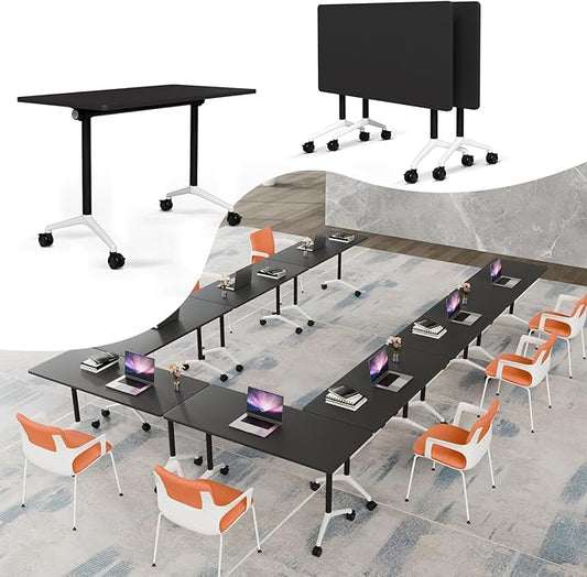 Folding Conference Table, Rectangular Conference Room Tables, Mobile Modular Training Table, Solid Steel Frame,Thickened Panel,for Offices,Meeting Room,Offices andSchools (2, Black, 63in)