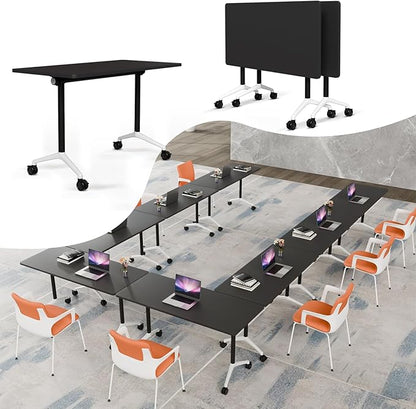Folding Conference Table, Rectangular Conference Room Tables, Mobile Modular Training Table, Solid Steel Frame,Thickened Panel,for Offices,Meeting Room,Offices andSchools (2, Black, 47in)