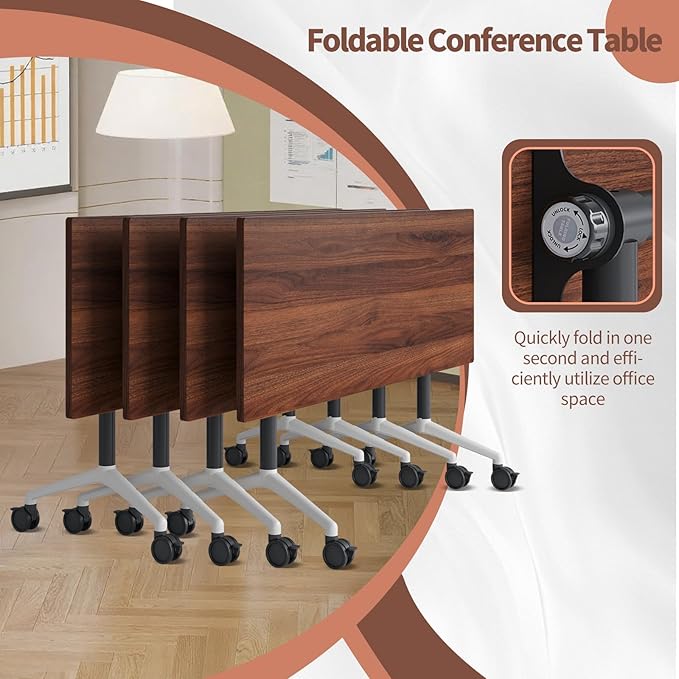 Conference Table, Foldable Conference Room Tables with Silent Wheels, Folding Modular Seminar Meeting Tables, Modern Rectangle Training Table for Office, Boardroom (8, Walnut2, 55.1)