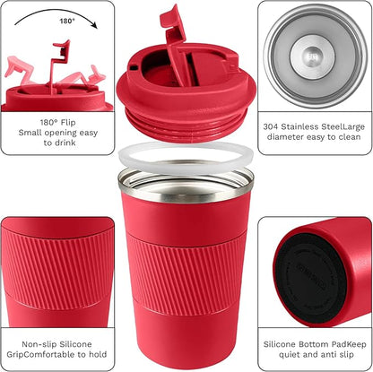 YINBAOGE Insulated Travel Coffee Mug, Spill & Leak Proof, Portable To Go Camping Stainless Steel Coffee Tumbler, Reusable Thermal Coffee Cup with Lid for Hot & Cold Drinks (Red, 17 OZ)