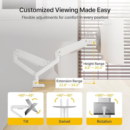 monTEK Single Monitor Arm for Max 45 Inch Ultrawide Screens Adjustable Monitor Desk Mount Holds 35 Lbs Cable Management with C Clamp/Grommet Desk Mount, VESA 75/100mm, MA1007WH