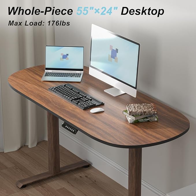 Oval Leg Electric Standing Desk, 48x24 Inch Whole-Piece Oval Desktop, Height Adjustable Sit Stand Workstation for Home Office, Walnut (55x24)