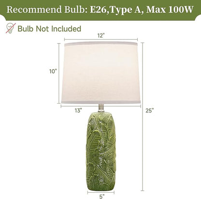 25” Green Lamps Set of 2 with Leaves Design for Living Room, Bedroom, Retro Ceramic Table Lamps for Nightstand Set of 2