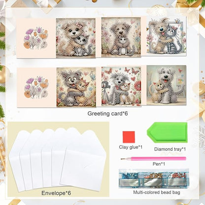 6pcs Diamond Art Painting Postcards with Envelope, Cute Cat Dog Pattern Daily DIY Handmade Greeting Cards Wishing Cards for Special Occasion Festival Craft Gift