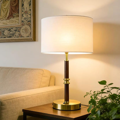 Desk Lamp with Dual USB Ports, 19.3" Wood & Metal Table Lamp for Bedroom & Living Room, Bedside Lamp with Linen Shade, Home Decor (Bulb Not Included)