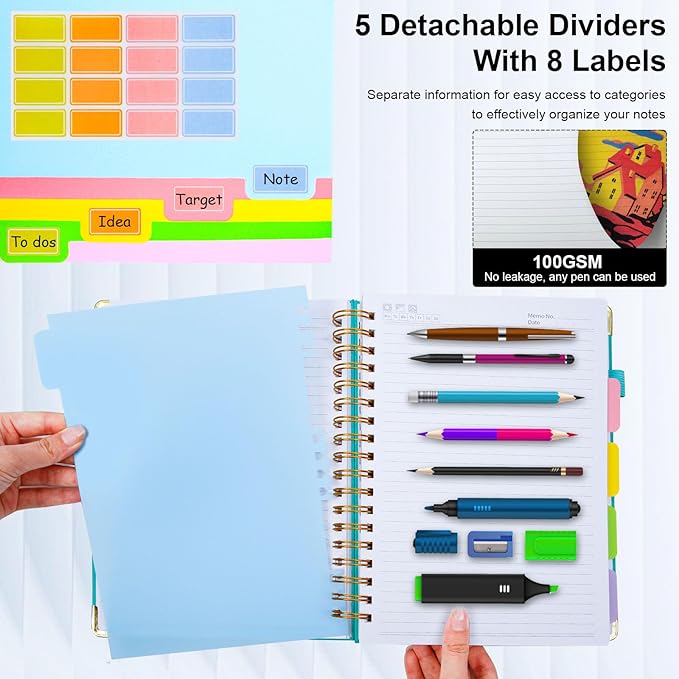 Hardcover Spiral Notebook 8.5"x11" Journal Notebook with Tabs and Removable Dividers 300 Pages 5 Subject Notebook College Ruled, Faux Leather Spiral Bound Notebook for Women School Work(White)