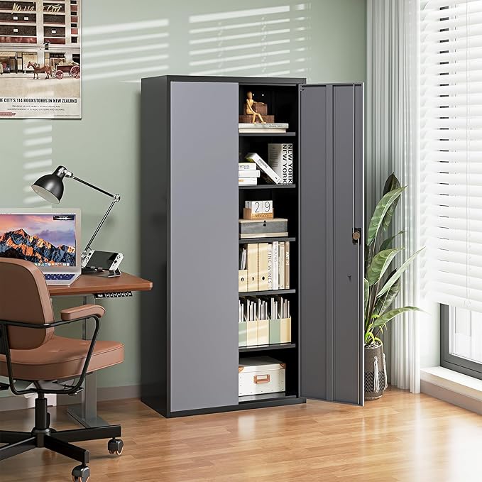 Letaya Metal Garage Storage Cabinets with Lock Door and Adjustable Shelves, Steel Tool Cabinets for Home,Office,Warehouse Organisieren (Black Gray)