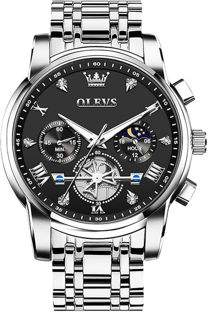 OLEVS Men Watches Stainless Steel Chronograph Watch, Large Wrist Analog Quartz Watch, Fashion Waterproof Diamond Roman Numerals Dress Watches for Men, Gold/Black/White/Blue/Grey Dial