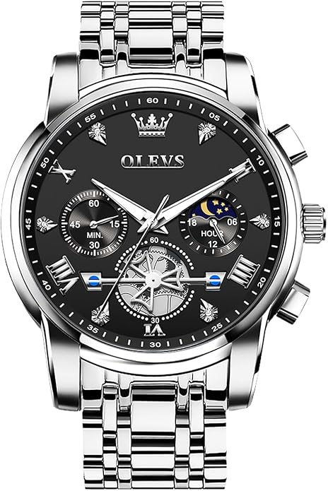 OLEVS Men Watches Stainless Steel Chronograph Watch, Large Wrist Analog Quartz Watch, Fashion Waterproof Diamond Roman Numerals Dress Watches for Men, Gold/Black/White/Blue/Grey Dial