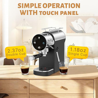 Espresso Machine, Touch Screen Control 20 Bar Espresso Coffee Maker with Steam Milk Frother for Latte & Cappuccino, Removable Water Tank, Modern Black Design
