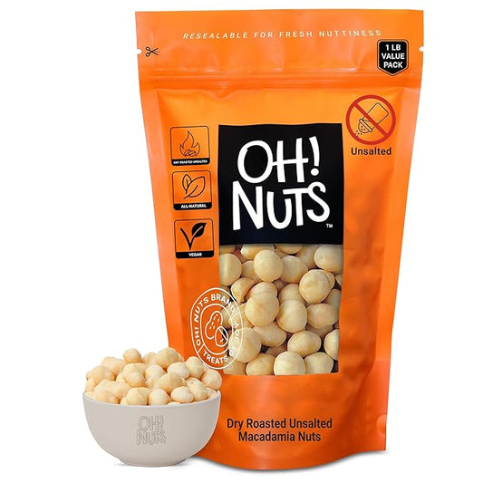 Oh! Nuts Macadamia Nuts - 1 lb - Dry Roasted Unsalted Macadamia Nuts - Oven Roasted - No Oil - Packed in New York Zip-Seal Bag for Exceptional Freshness
