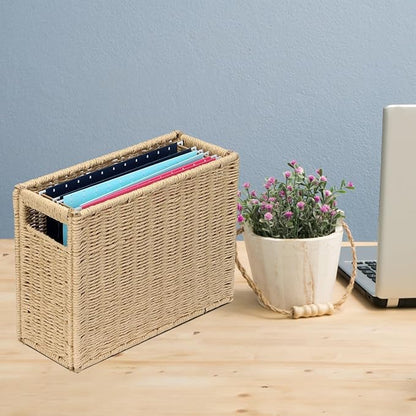14.6 x 5.9 x 10.8 Inch Large Decorative File Box, Decorative File Baskets for Seagrass Hanging Organizers Portable Letter Size Document, Folder Filing Cabinet with Lid for Home Office Decor