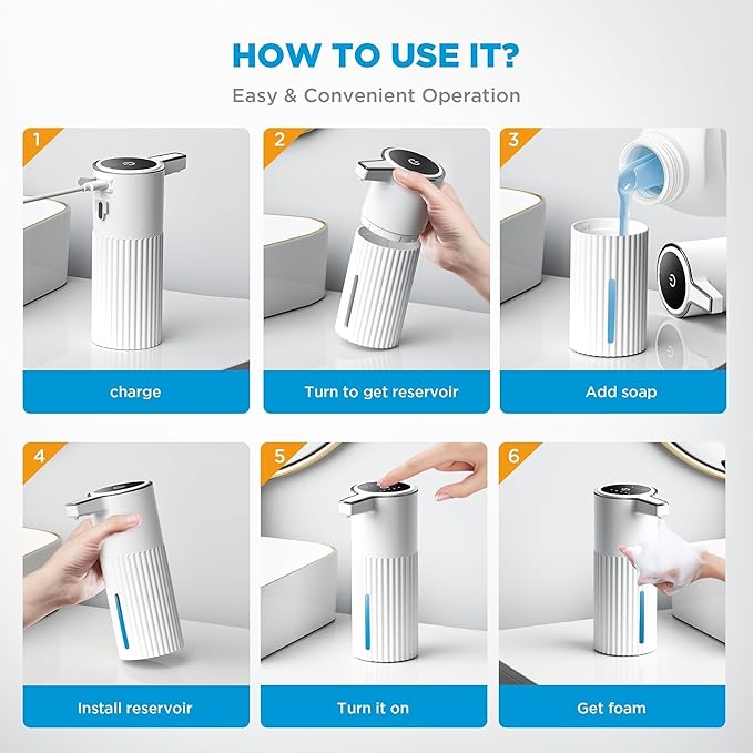Automatic Soap Dispenser Foaming Touchless:14.2oz White Plastic - Rechargeable Electric Smart 4 Level Adjustable Auto Hand Soap Dispenser - Dish Bathroom Kitchen